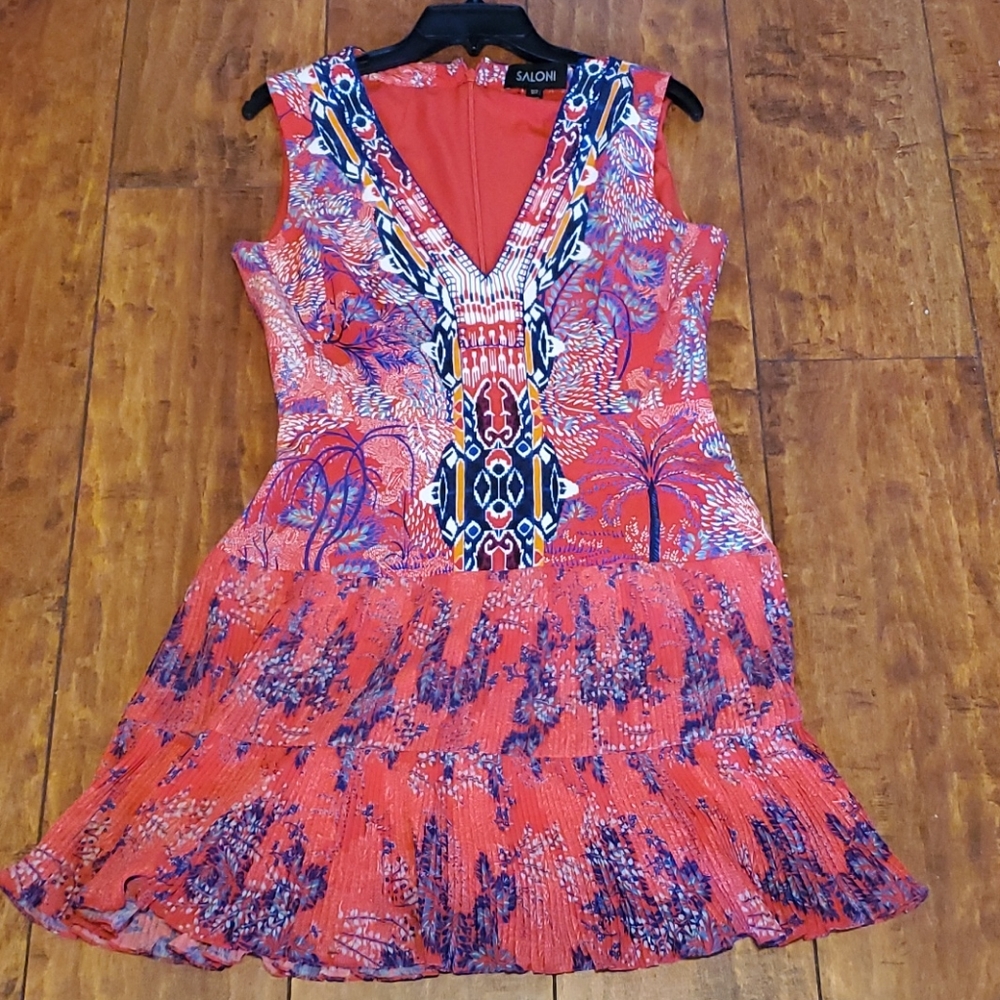 Salon designer brand red silk mini dress